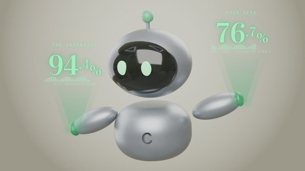 The Cascade robot, palms up, projecting the two rates: the dashboard 94.4%, your desk 76.7%