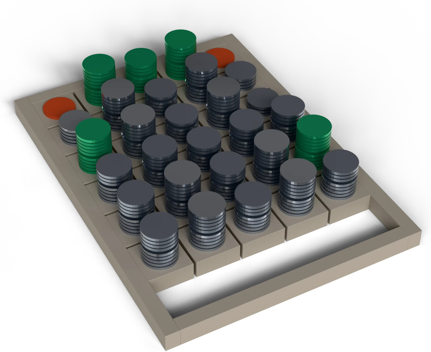 Seven readers down, five fields across. Five green cells mark the published routing, one per field.