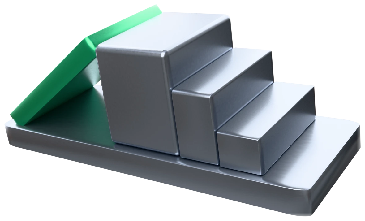 A summit with two slopes: a green ramp rising on the left, grey steps on the right, arriving at the same platform.