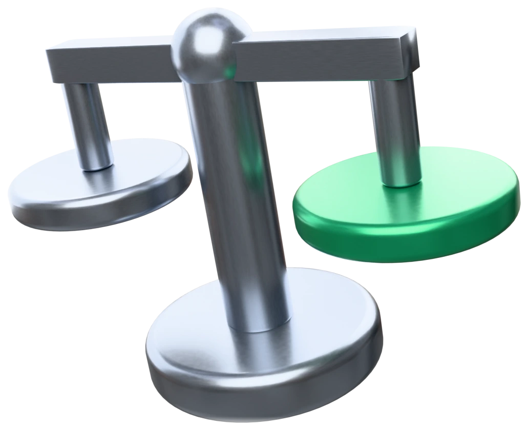 A matte aluminium balance with two pans at exactly the same height; the right pan is the site's deep green.