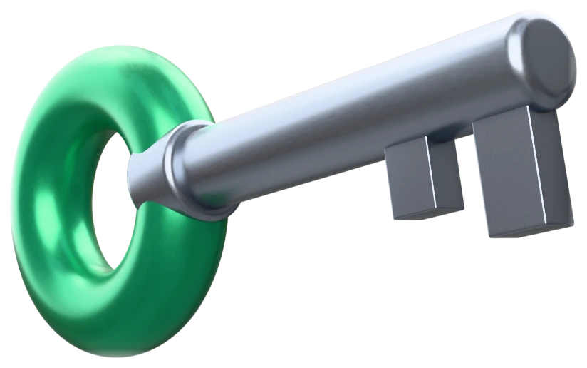 A matte aluminium key lying across the frame; its bow is a fat green ring.