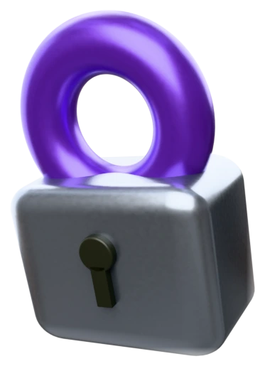 A matte aluminium padlock; its shackle, closed, is the same deep amethyst as the tool's accents.