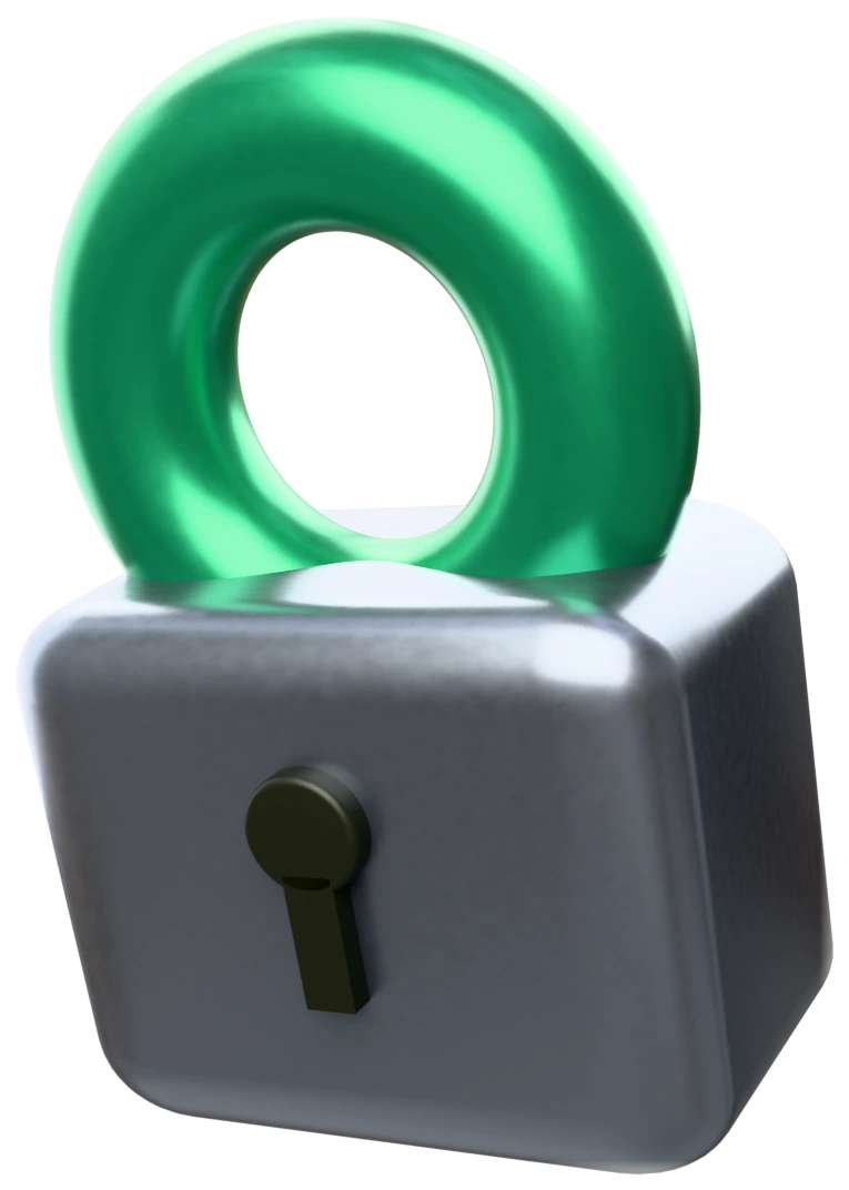 A matte aluminium padlock; its shackle, closed, is the same deep green as the site's accents.