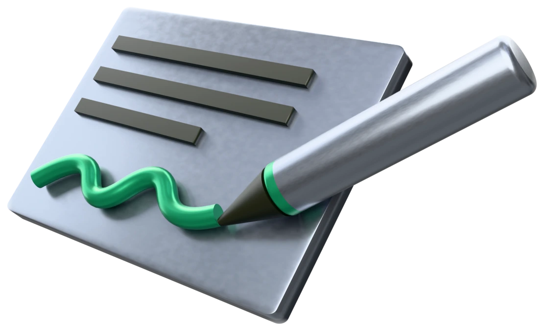 A thick page with three lines of text, a green signature stroke, and a pen resting with its tip at the stroke's end.